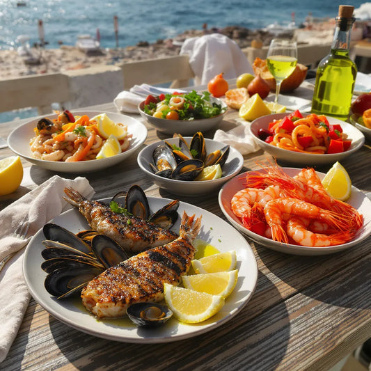 Festin méditerranéen de fruits de mer avec poisson grillé, moules, crevettes et salade de calamars sur table rustique ensoleillée
