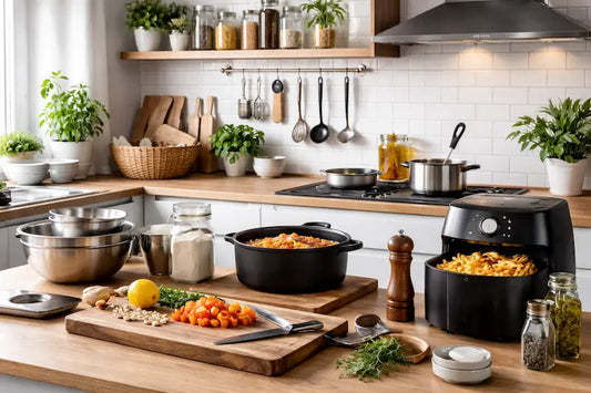 Cuisine moderne avec accessoires indispensables en 2026, planche à découper, cocotte, bols inox et air fryer