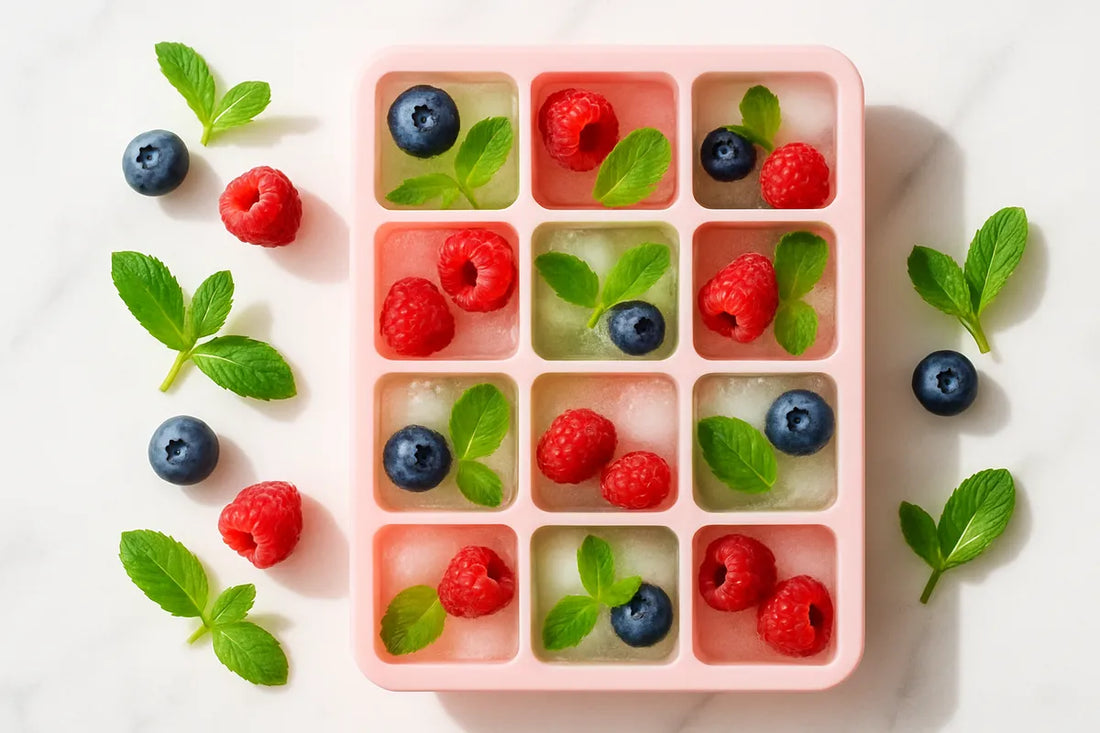 Bac à glaçons en silicone avec glaçons colorés aux fruits et herbes